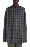 Balenciaga Check Oversize Cotton Flannel Button-down Shirt In Navy/ Khaki