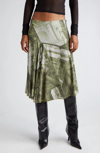 Miaou Green Mila Midi Skirt In Emblem Print