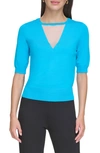 Dkny Women's Mesh V-split Crewneck Elbow-sleeve Sweater In Electric Blue