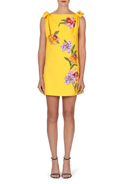 Carolina Herrera Floral Embroidered Shift Dress With Bows In Taxi Cab Multi
