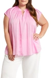 Harshman Finch Ruched V-neck Short-sleeve Blouse In Bright Pink