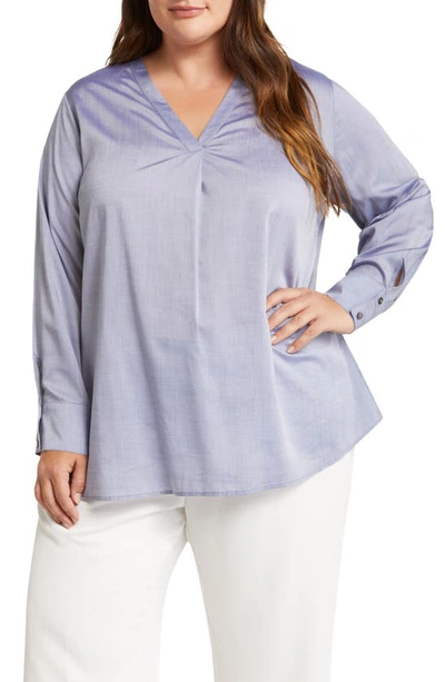 Harshman Cassian High-low Pleated V-neck Blouse In Ice Blue