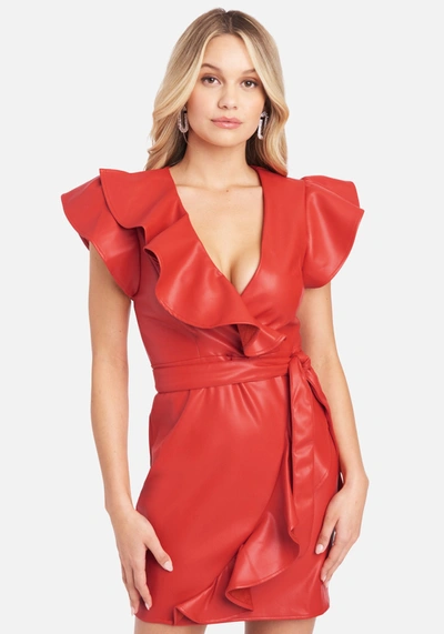 Bebe Ruffle Vegan Leather Dress In Red Alert