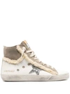 GOLDEN GOOSE FRANCY SHEARLING HIGH-TOP SNEAKERS IN WHITE/TAUPE