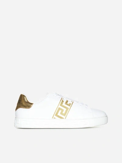 Versace Greca Faux Leather Sneakers In White,gold