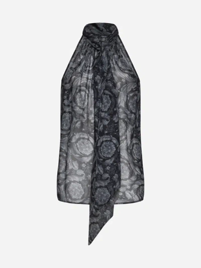 Versace Women's Barocco Print Georgette Tie-front Top In Black