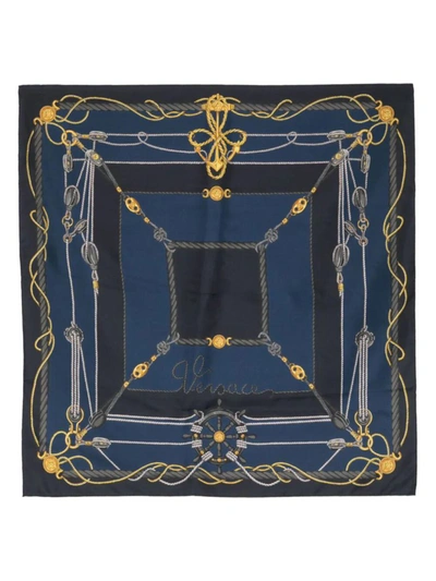 Versace Scarf 90x90 Baroque Block Print Printed Silk Twill Accessories In Blue