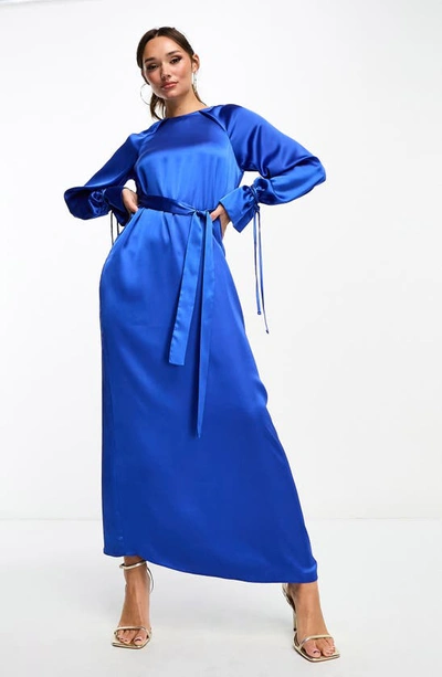 Asos Design Tie Up Cuff Belted Satin Maxi Dress In Bright Blue