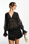 Asos Design Shirred Blouse With Blouson Sleeve In Dot Jacquard-black In Black