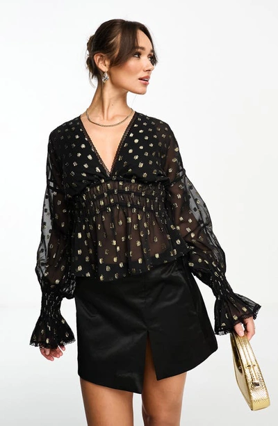 Asos Design Shirred Blouse With Blouson Sleeve In Dot Jacquard-black