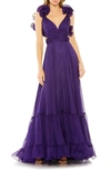 Mac Duggal Ruched Ruffled Shoulder Cut Out Lace Up Gown In Royal Purple