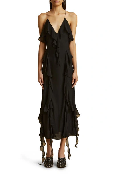 KHAITE THE PIM RUFFLE SILK CHARMEUSE DRESS