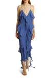 Khaite Pim Cascading-ruffles Sleeveless Maxi Dress In Blue Iris