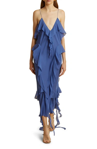Khaite Pim Cascading-ruffles Sleeveless Maxi Dress In Blue