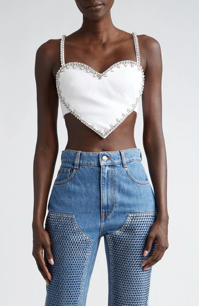 Area Crystal-trim Heart Crop Top In White