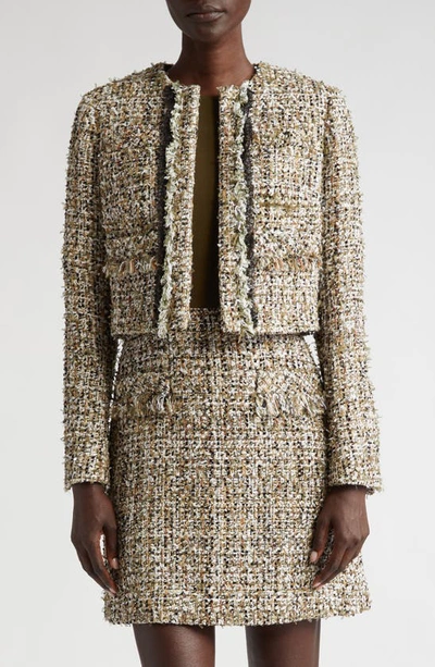 Jason Wu Collection Textured Tweed Crop Jacket In Deep Olive Multi