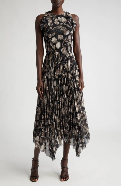 Jason Wu Collection Marine Print Pleated Dress In Black/ Parchment