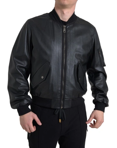 DOLCE & GABBANA BLACK LEATHER BLOUSON FULL ZIP BOMBER JACKET