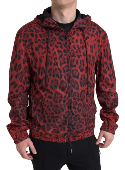Dolce & Gabbana Red Leopard Hooded Bomber Full Zip Jacket