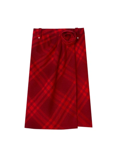 Burberry Checked Ruched Midi Skirt In Red