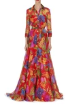 Carolina Herrera Floral-print Belted Trench Gown In Lacquer Red Multi