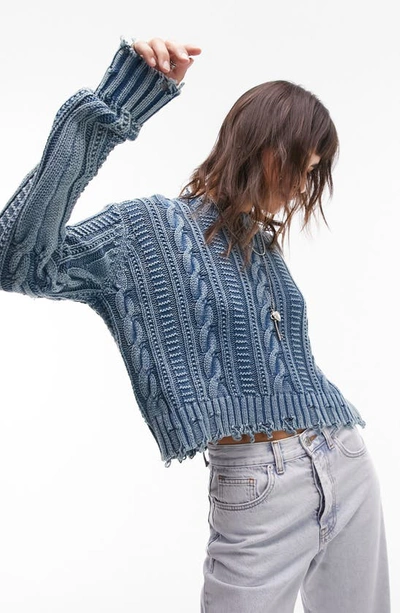 Topshop Knit Acid Wash Cropped Sweater In Blue