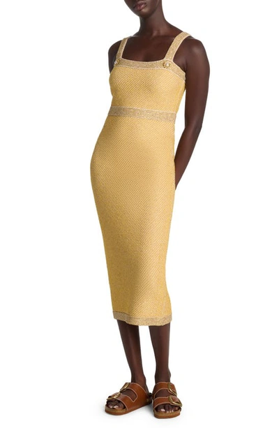 St John Sequin Stretch Twill Knit Strappy Dress In Golden Rod/light Khaki Multi