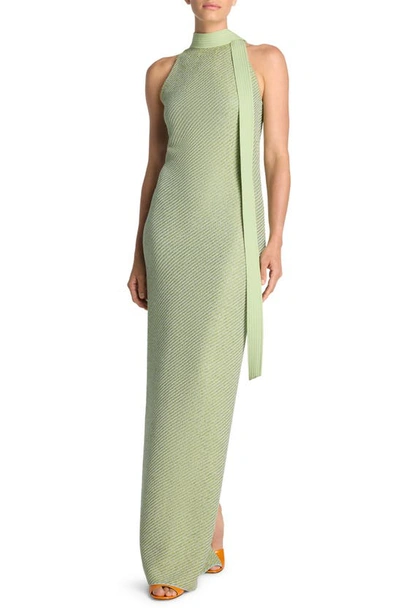 St John Paillette Knit Neck-scarf Halter Gown In Chartreuse/mint Multi