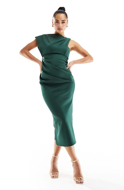 Asos Design Asymmetric High Neck Minimal Midi Dress In Green