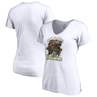 Fanatics Women's White Milwaukee Bucks 2021 Nba Finals Champions Team Caricature Roster V-neck T-shirt