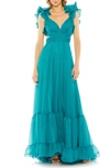 Mac Duggal Women's Ieena Ruffle Tiered Cut-out Chiffon Gown In Turquoise