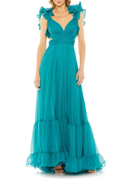 Mac Duggal Women's Ieena Ruffle Tiered Cut-out Chiffon Gown In Turquoise