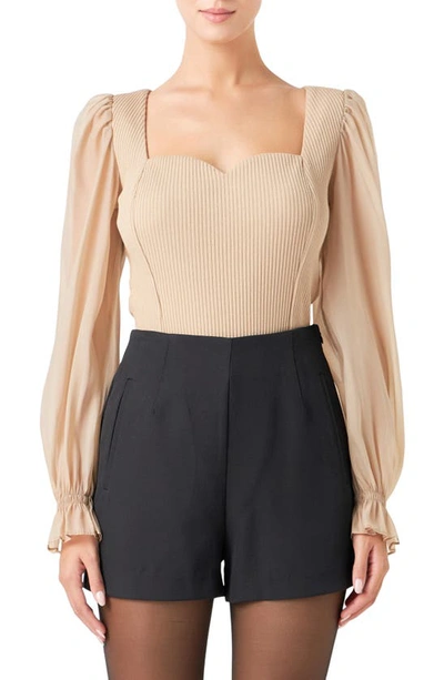 Endless Rose Women's Organza Sleeve Knit Top In Taupe