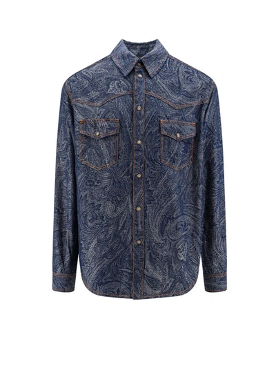 Etro Paisley Cotton & Linen Denim Overshirt In Blue