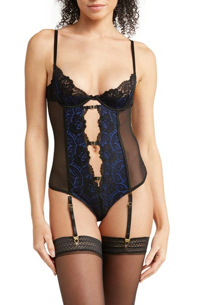 Seven 'til Midnight Seven ‘til Midnight Lace & Mesh Underwire Teddy With Garter Straps In Blue