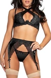 SEVEN 'TIL MIDNIGHT SEVEN ‘TIL MIDNIGHT SATIN TRIM LACE UNDERWIRE BRA, GARTER BELT & G-STRING