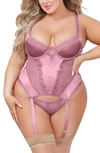 Seven 'til Midnight Seven ‘til Midnight Lace Trim Satin Basque, Garter Straps & G-string In Mauve