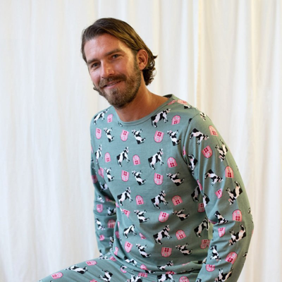 LEVERET MENS LOOSE FIT BLUE COW PAJAMAS