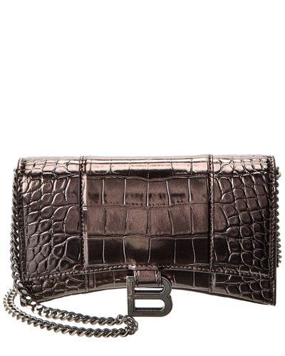 Balenciaga Hourglass Croc-embossed Leather Wallet On Chain In Gold