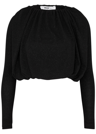 Day Birger Et Mikkelsen Jenkin Ruched Cropped Metallic-knit Top In Black