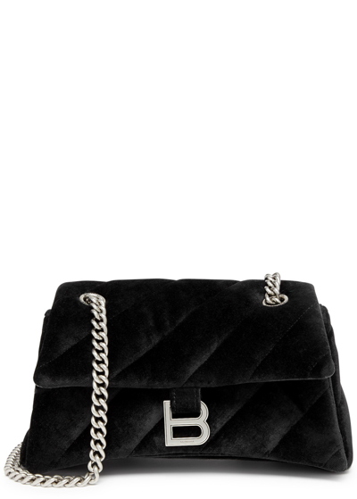 Balenciaga Crush Quilted Velvet Shoulder Bag In Black