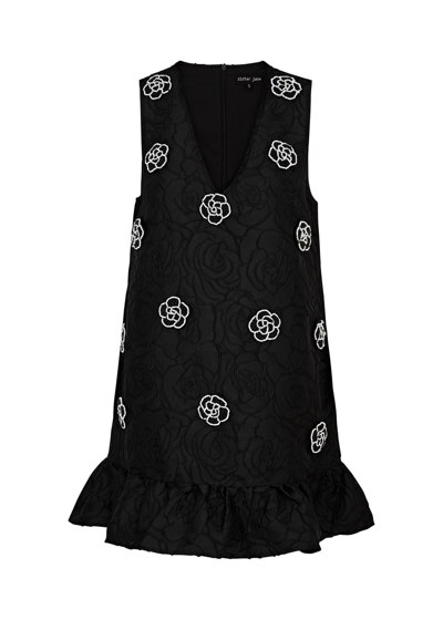 Sister Jane Mural Rose Bead-embellished Cloqué Mini Dress In Black