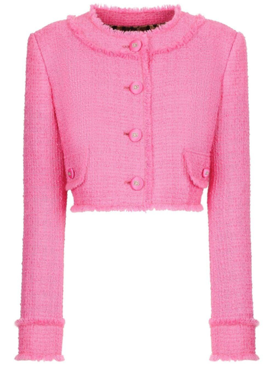 Dolce & Gabbana Round-neck Cropped Tweed Jacket In Pink & Purple