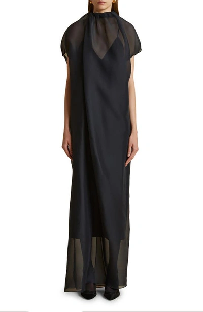 Khaite Essie Gathered Neck-tie Cap-sleeve Silk Chiffon Gown In Black