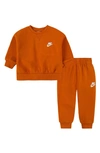 Nike Babies' Snow Day Fleece Crewneck Sweatshirt & Joggers Set In Campfire Orange