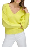 Dkny Women's Ribbed Dolman-sleeve V-neck Sweater In Ivory,limonata
