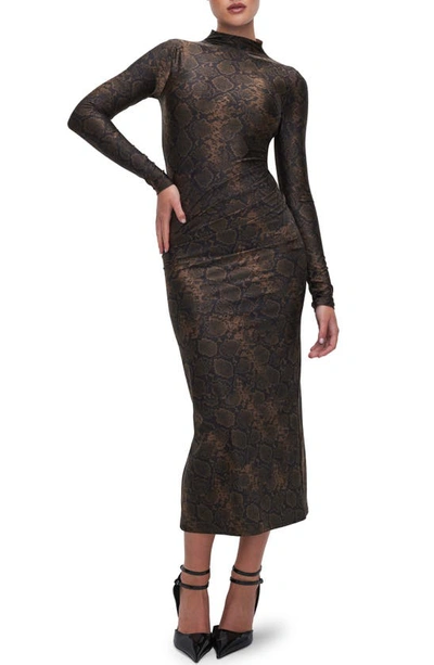 Good American Funnel Neck Long Sleeve Body-con Midi Dress In Mocha Python