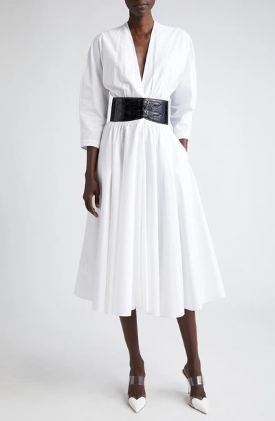 Alaïa Belted Poplin Midi Dress In White