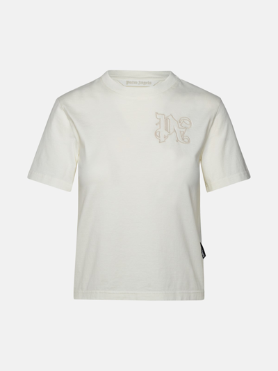 Palm Angels 'monogram' Ivory Cotton T-shirt In White