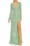 MAC DUGGAL SEQUIN LONG SLEEVE FAUX WRAP GOWN